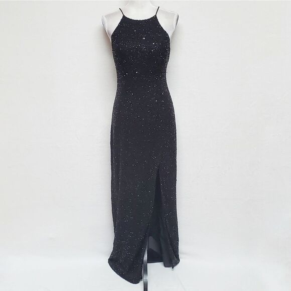 VINTAGE Marina B Black Sequin Beaded Side Slit Sleeveless Formal Maxi Dress 14 - Picture 4 of 16